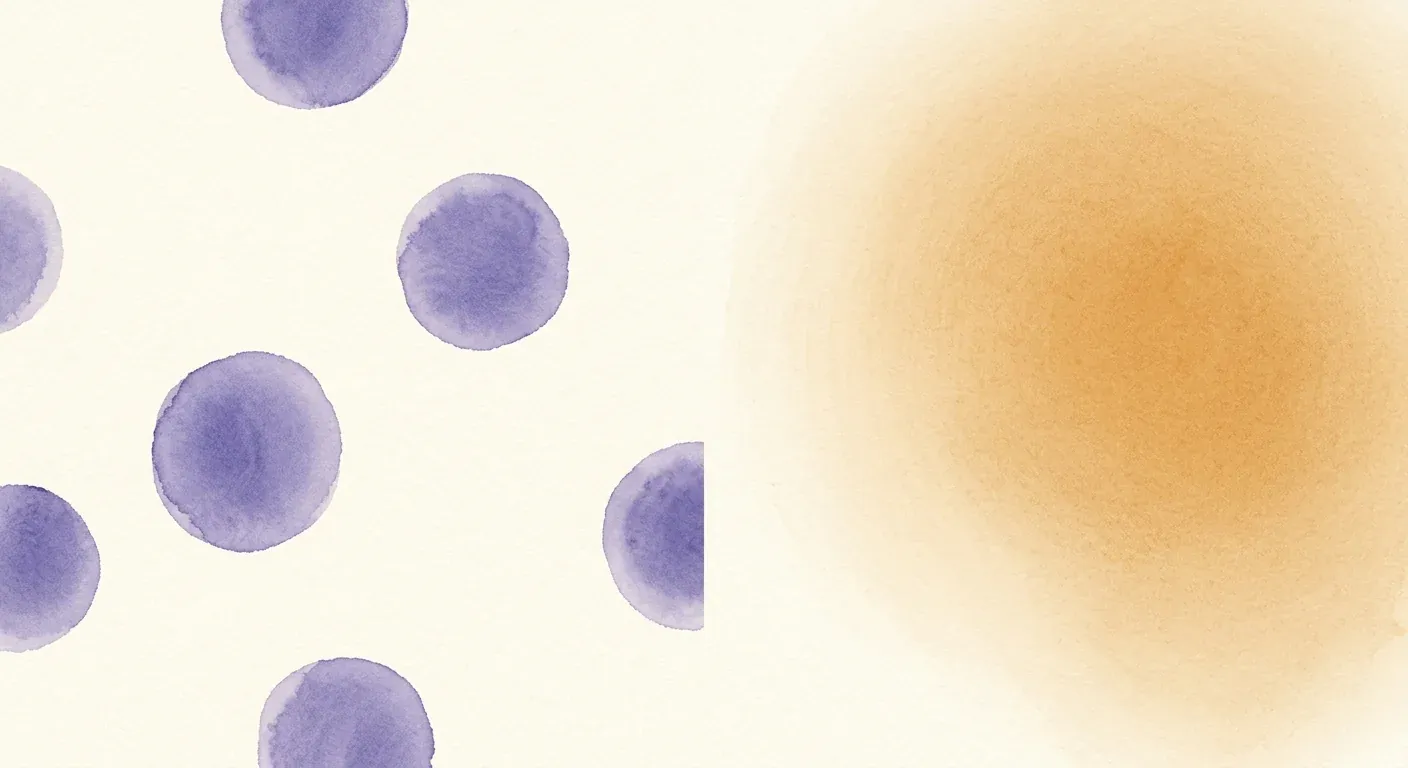 An abstract watercolour composition on cream paper — on the left, a few crisp round soft-edged shapes representing discrete patches; on the right, a diffuse evenly-fading wash representing gradual thinning — contrasting two patterns in muted violet and warm earth tones
