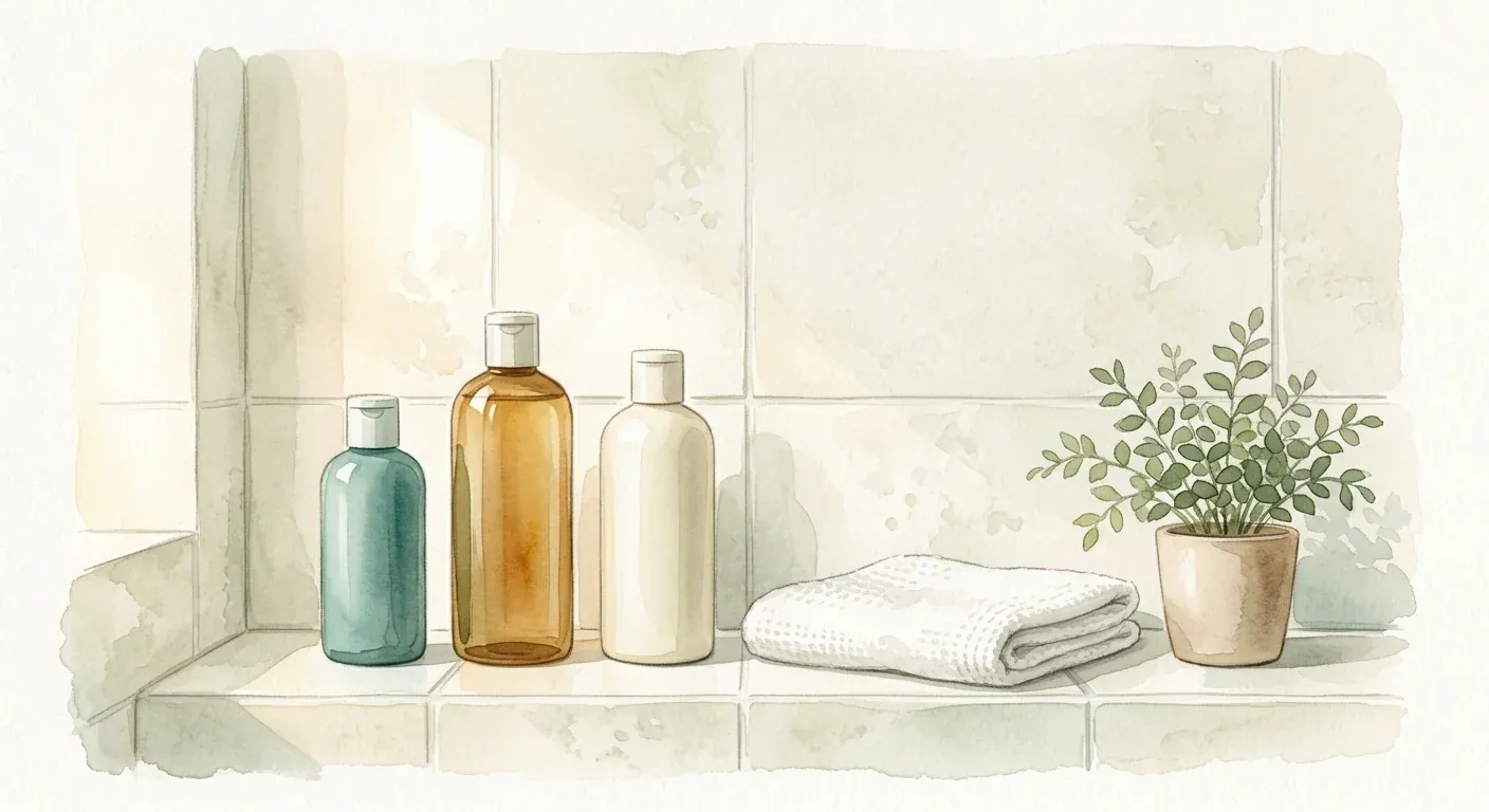 A calm watercolour still life on a pale tiled bathroom shelf — a row of three unbranded shampoo bottles of differing heights, a folded towel, and a small green plant in soft morning light