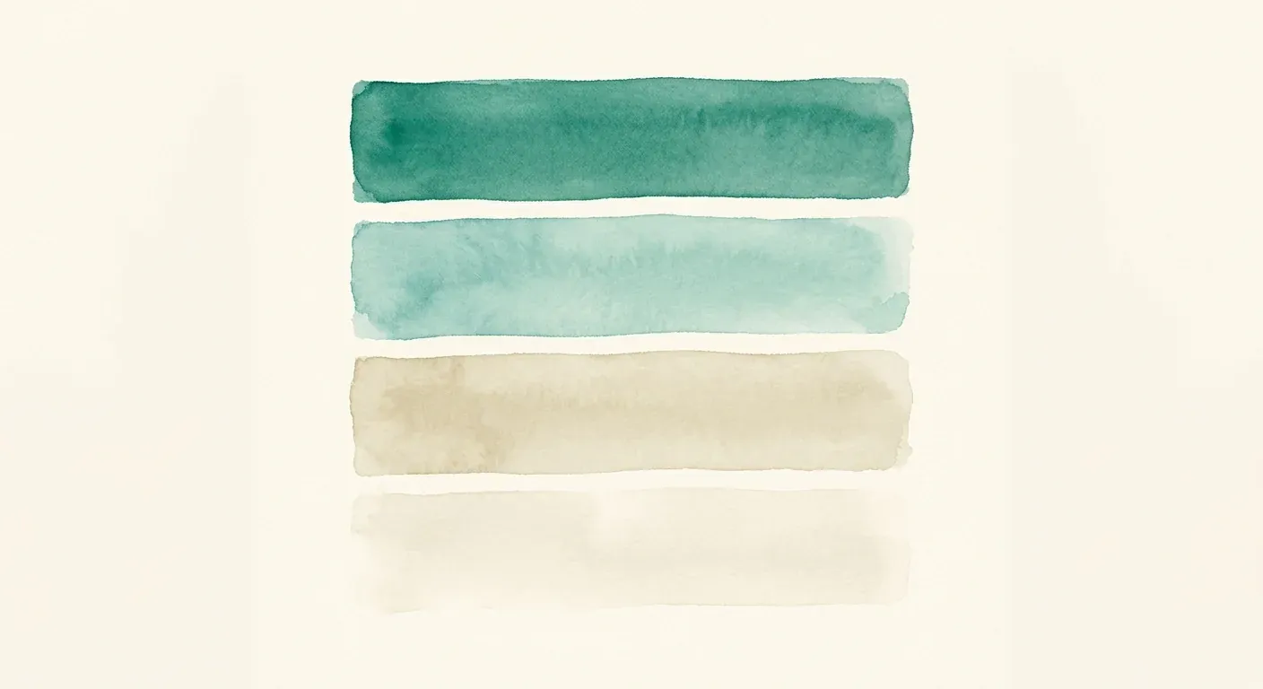 An abstract watercolour composition on cream paper — four soft horizontal bands descending from a richer, more saturated top band to a pale faint bottom band, suggesting a graded hierarchy from strong to weak, in muted teal-to-sand tones