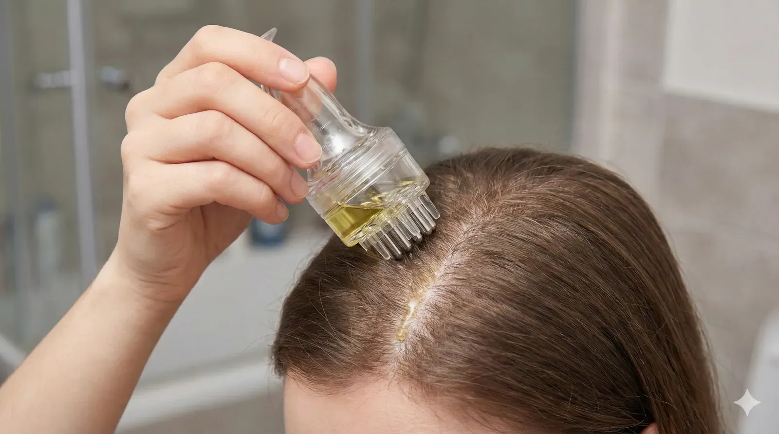 Correct minoxidil application using a scalp applicator comb — parts the hair and delivers liquid directly to the scalp without pooling on hair shafts