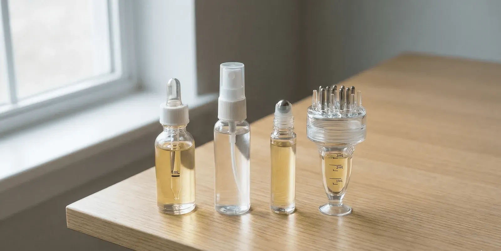 Four common minoxidil applicators compared on a clean countertop: dropper, spray bottle, dermaroller, and applicator comb — each has trade-offs for hair length and cleanliness