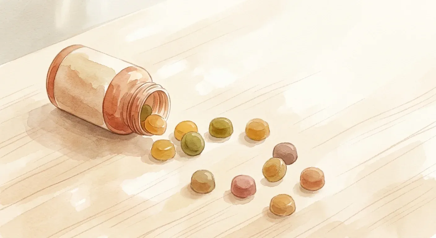 A bottle of biotin hair-growth gummies tipped over on a counter with a few gummies spilling out — the default hair supplement that rarely does what the label implies