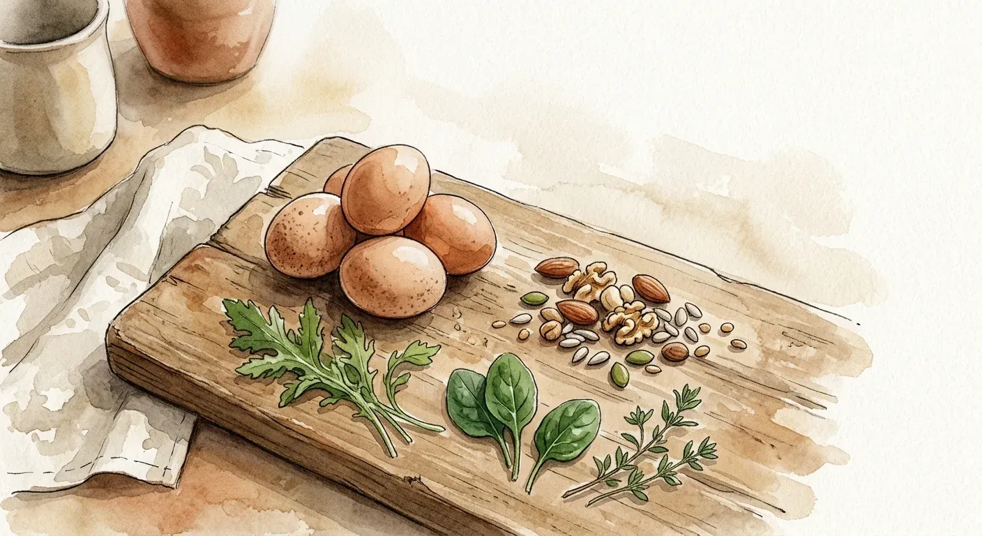 A still life of eggs, mixed nuts, seeds and leafy greens on a wooden board — ordinary foods that already supply more than enough biotin for hair health