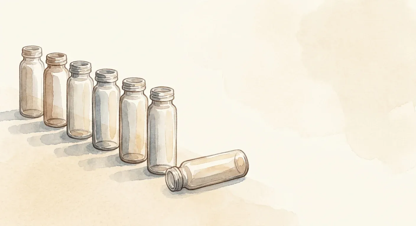 A neat row of empty blood-draw vials on a clean surface in soft light — high-dose biotin distorts many of the immunoassays run on samples like these