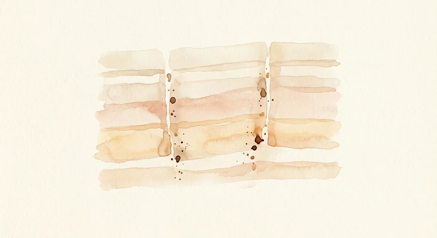 An abstract watercolour cross-section in soft warm tones — pale concentric layers suggesting depth, with a few small darker droplets concentrated along narrow vertical channels — representing follicular-route penetration without literal anatomy