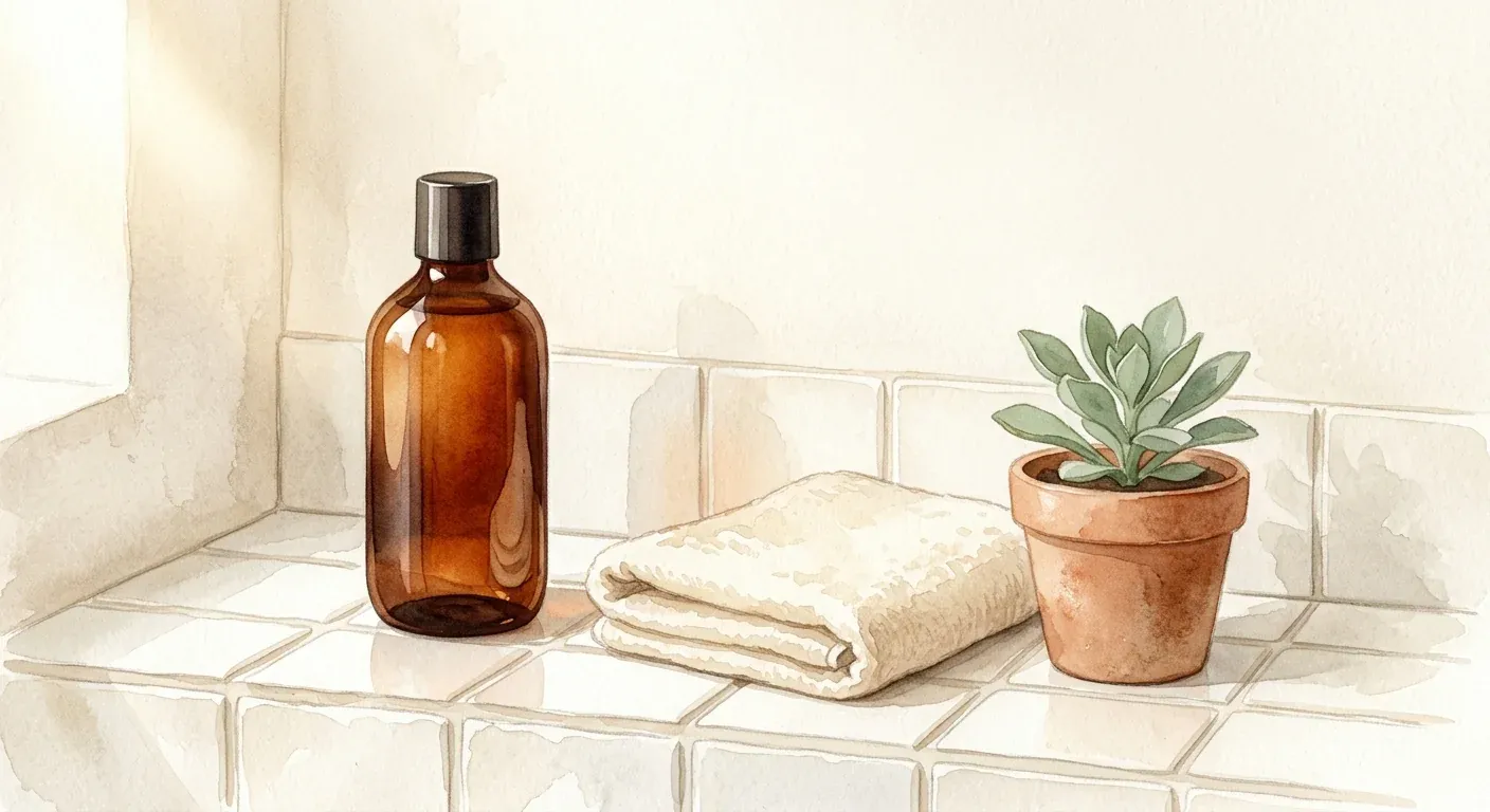A soft watercolour bathroom still life — a generic dark glass shampoo bottle on a pale tiled shelf beside a folded towel and a small green plant in morning light — the everyday object the marketing is built around