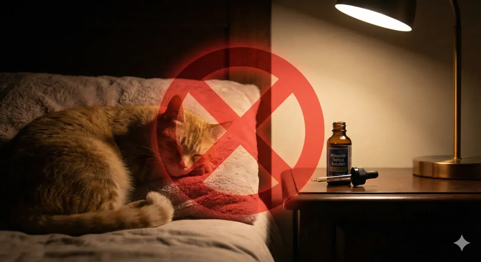 A cat sitting near a Kirkland Minoxidil bottle on a counter — topical minoxidil is fatal to cats even at tiny doses, including via grooming or licking the application site