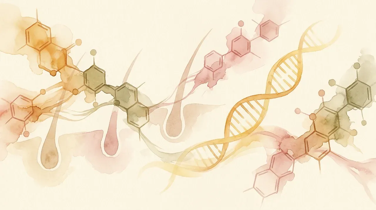 Editorial watercolor — hexagonal hormone molecules, faint hair follicle silhouettes, and a golden DNA double-helix dispersed across warm earth tones. The molecular conversation that drives androgenetic alopecia.