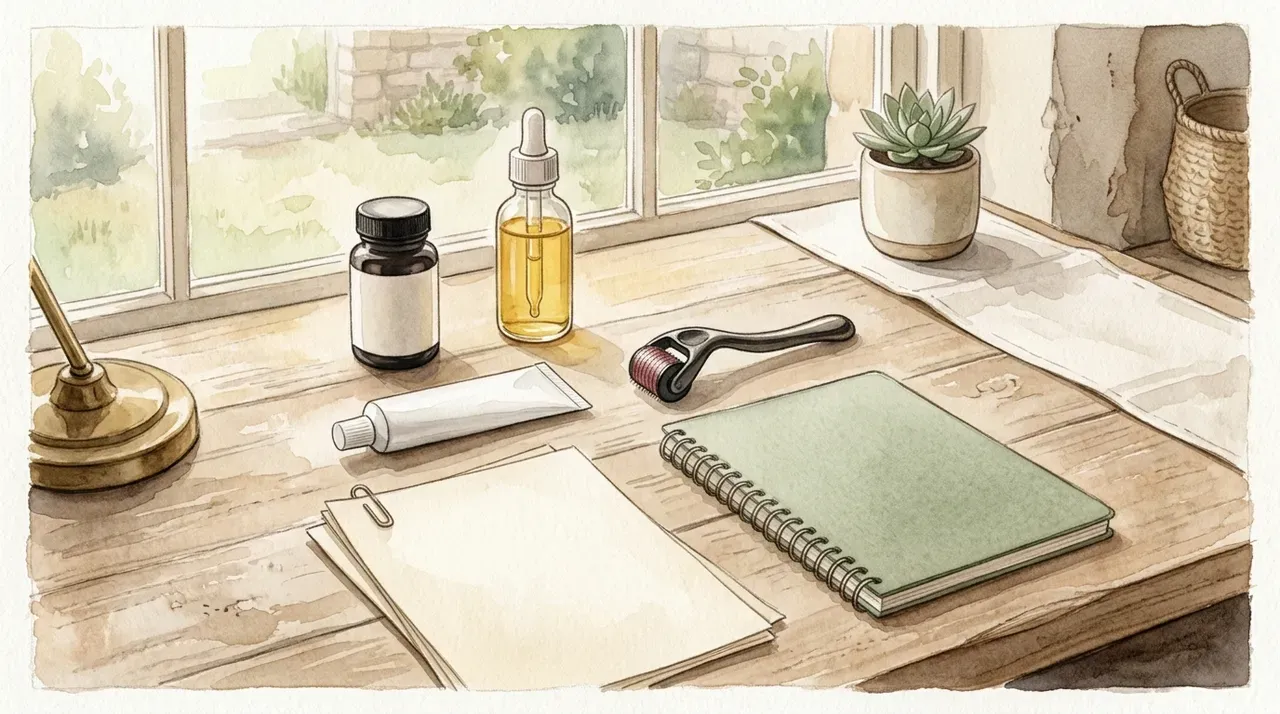Editorial watercolor flat-lay — amber pill bottle, dropper serum bottle, white topical tube, dermaroller, blank papers, and a spiral notebook arranged on a wooden desk by a window. The full toolkit of evidence-based AGA treatments.