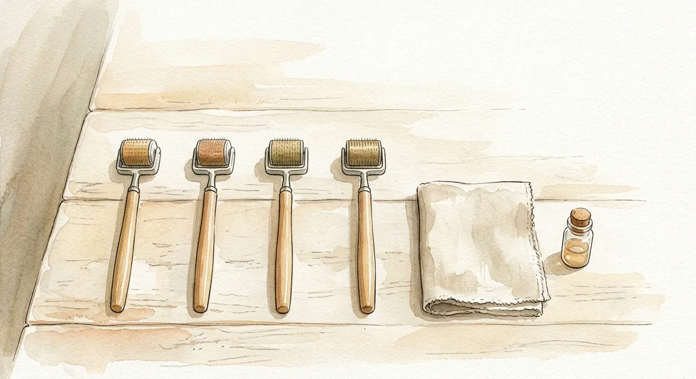 Several derma rollers laid out on a clean surface — picking the right one for hair loss means needle length and build quality, not brand