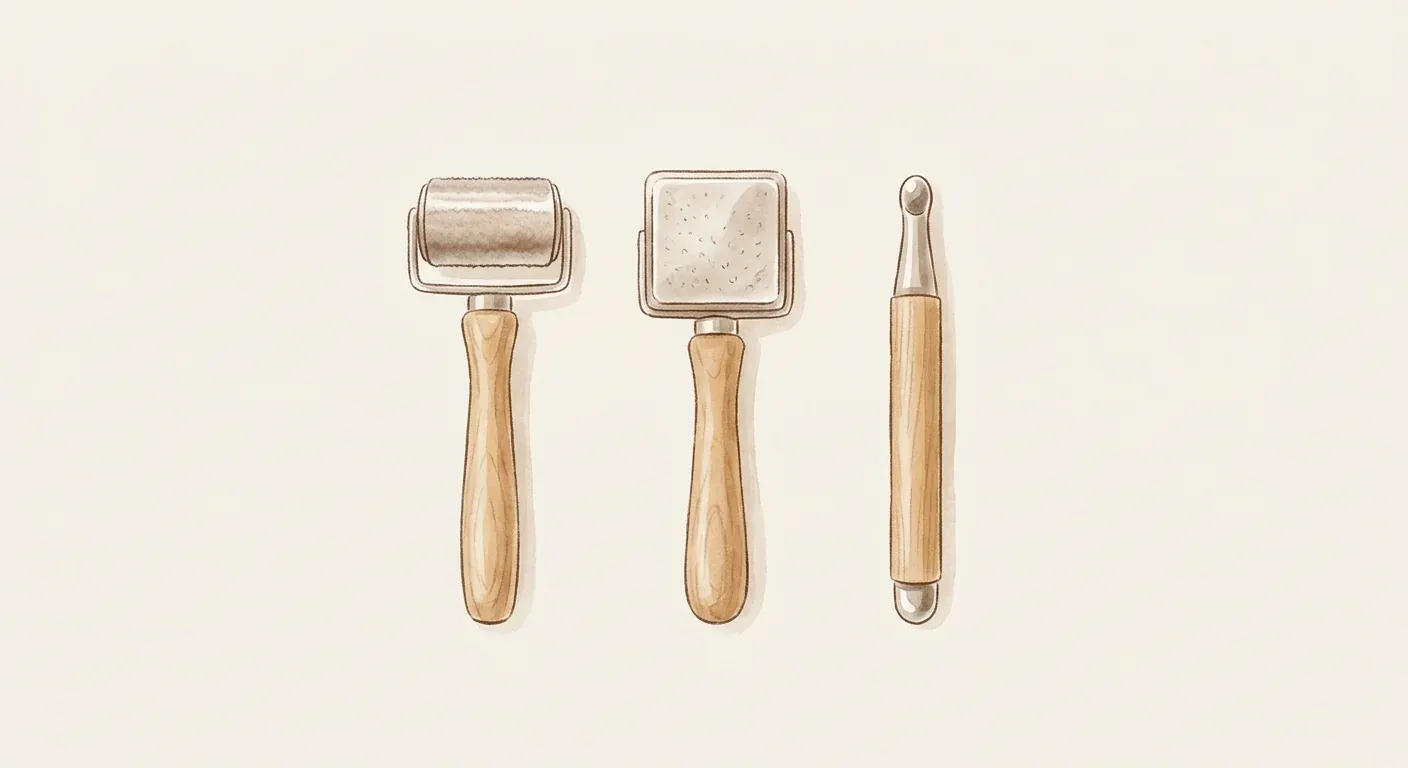 Three microneedling tool types side by side — a barrel derma roller, a flat derma stamp, and an electric derma pen — laid out for comparison
