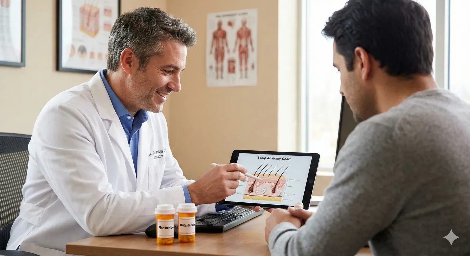 Dermatologist consultation showing scalp examination and treatment discussion — the right starting point for any hair loss case beyond mild thinning