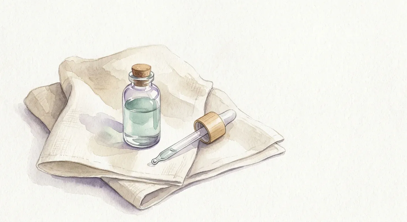 A calm watercolour still life on a pale surface — a small clear glass vial of pale fluid and a few laboratory-style elements rendered softly, in muted cool tones with morning light, suggesting experimental science