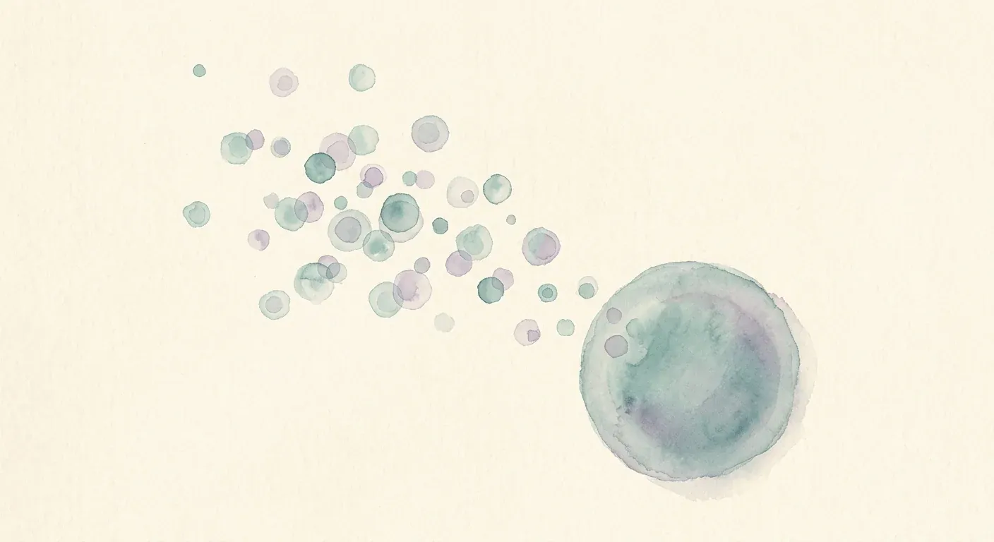 An abstract watercolour composition on cream paper — a cluster of tiny soft translucent circular vesicles drifting toward a larger soft central form, in muted cool teal and pale violet tones, suggesting microscopic signalling packages without literal anatomy