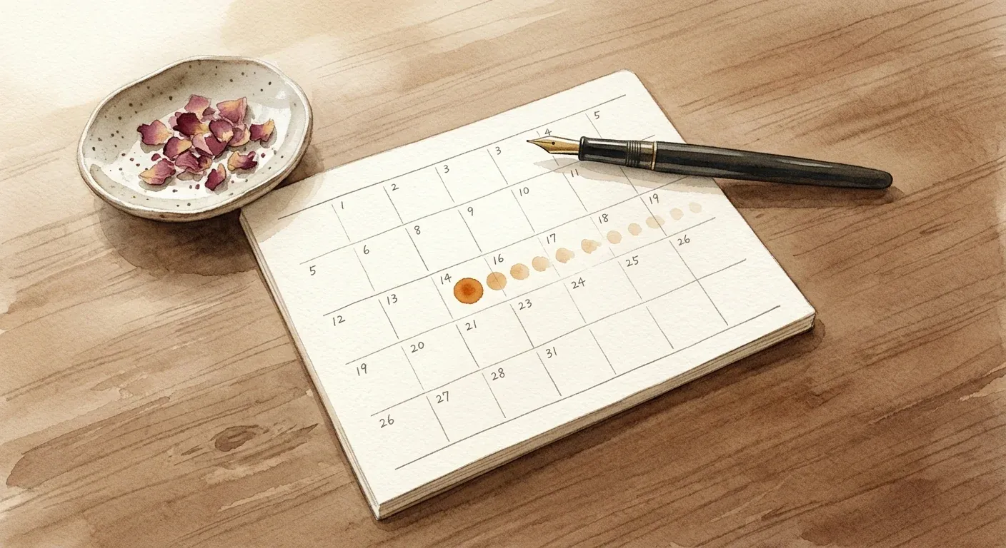 A simple calendar still life with a watercolor mark on a single day and a faint trail of fading marks stretching out over several weeks — illustrating the difference between a 6-hour finasteride half-life and a 5-week dutasteride half-life