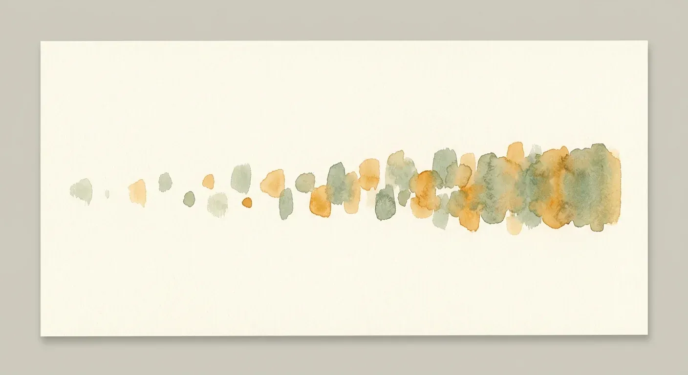 An abstract watercolour timeline composition on warm cream paper — a horizontal line of soft brush marks beginning sparse and uneven on the left, gradually becoming denser and more uniform toward the right, representing density change over a multi-month timeline without depicting hair literally