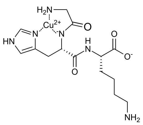 Chemical structure of GHK-Cu showing the glycyl-histidyl-lysine tripeptide coordinated with a copper(II) ion via the histidine imidazole and amide nitrogen atoms