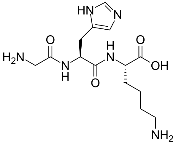 Chemical structure of GHK (glycyl-histidyl-lysine) peptide without copper, showing the tripeptide backbone with glycine, histidine, and lysine residues