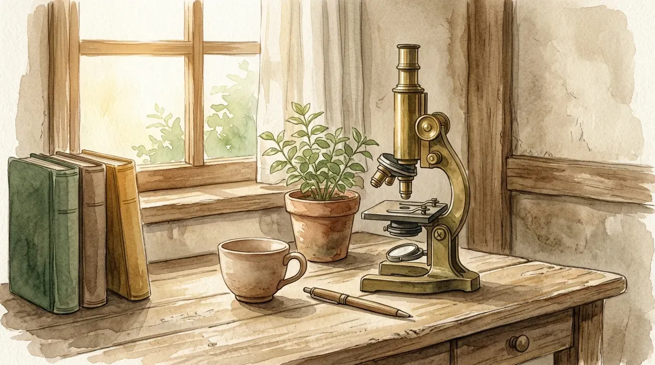 Editorial watercolor still life: vintage brass microscope on a wooden desk by a window, with stacked books, a small potted plant, and a pottery teacup. Soft golden morning light. Scholarly contemplation aesthetic.
