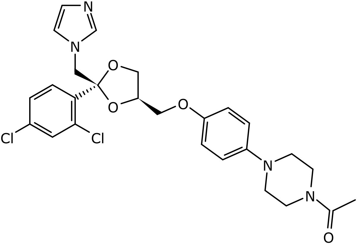 Chemical structure of ketoconazole — an imidazole antifungal with a piperazine group and chlorinated phenyl ring connected via a dioxolane ring system
