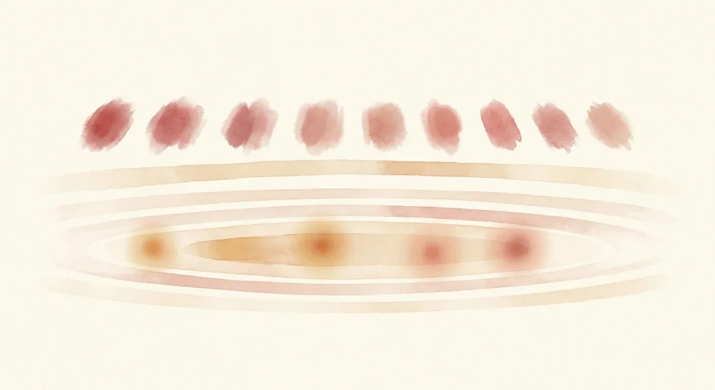 An abstract watercolour cross-section composition on warm cream paper — a row of soft red brush marks at the top representing diffuse light entering pale concentric layers below, with small darker focal points appearing in the lower middle layer, suggesting energy delivered to a deeper target without literal anatomy