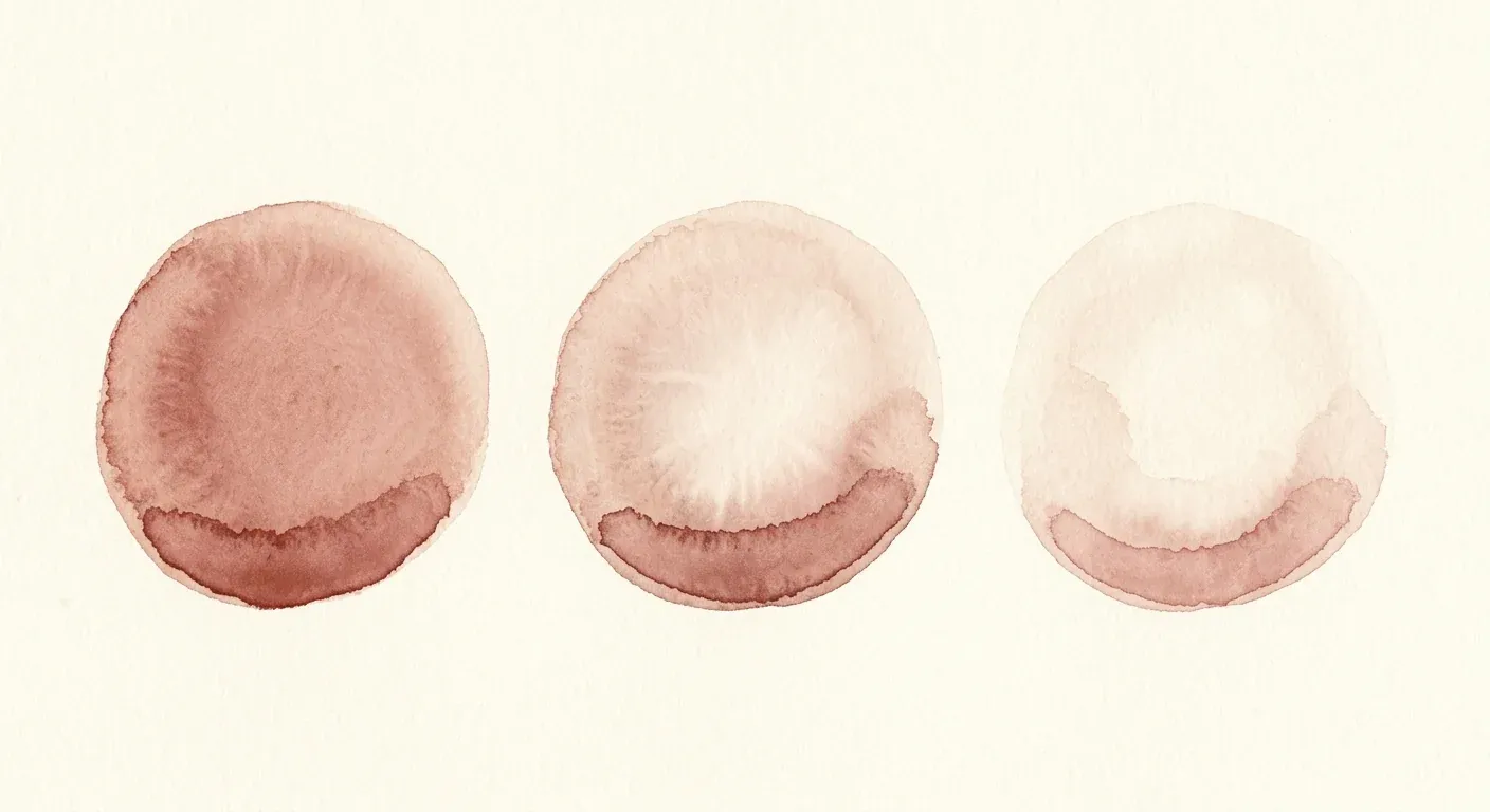 An abstract watercolour composition on cream paper — three soft oval washes in a row, each progressively more faded in the centre while keeping a defined band along the front edge, representing crown thinning with a preserved frontal hairline across three stages, in muted rose tones