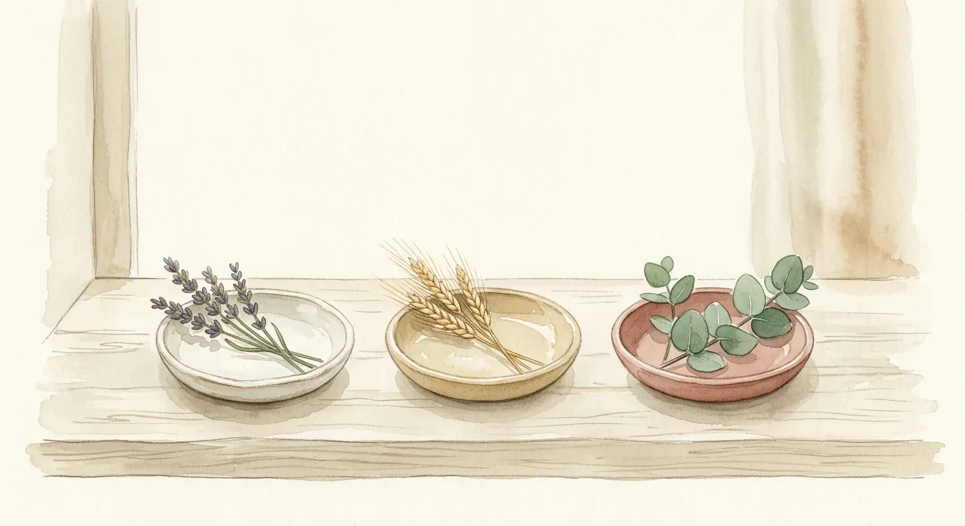 Three small ceramic dishes in a row holding different dried botanicals — a calm visual for the multi-year perimenopausal transition, which often begins to affect hair years before the final menstrual period