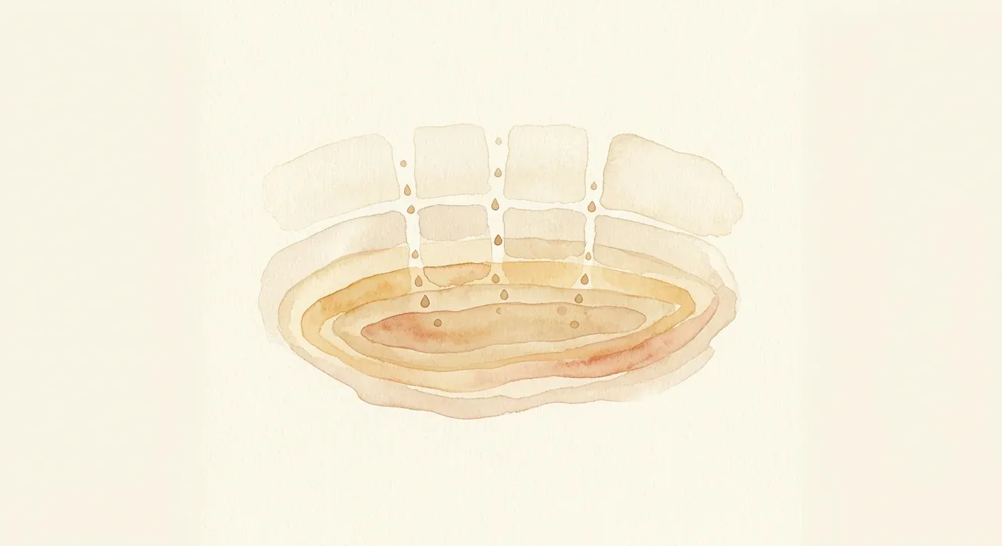 An abstract watercolour cross-section composition on warm cream paper — pale concentric horizontal layers in cream and amber, with small vertical channels opened through the top layer letting darker droplets flow down into deeper layers, suggesting enhanced penetration without literal anatomy
