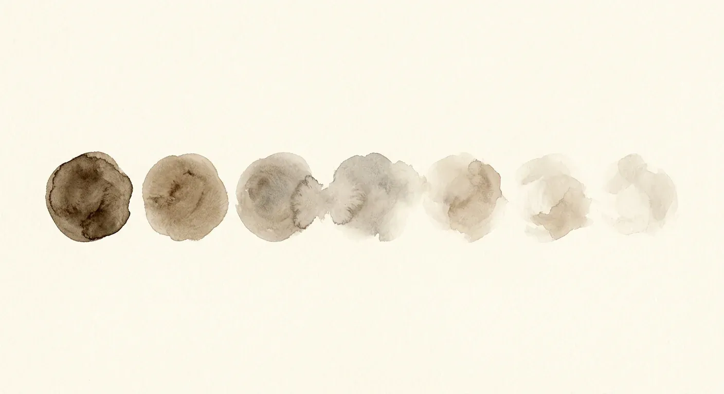 An abstract watercolor timeline on cream paper — a series of soft brush marks gradually fading from left to right — representing the multi-year progression through Norwood stages