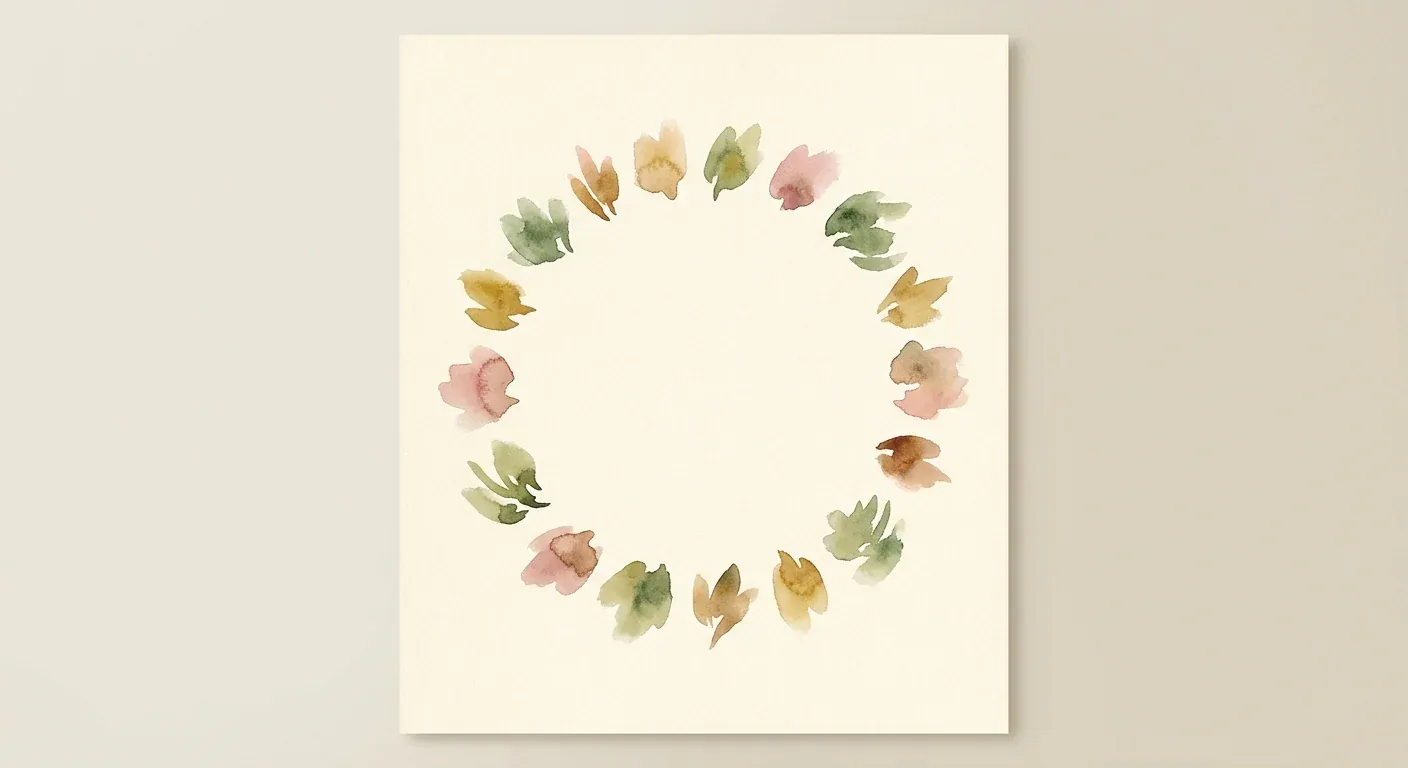An abstract watercolour composition on warm cream paper — a circular arrangement of small soft botanical brush-marks in muted herbal greens, ochres and dusty pinks around a central blank space — suggesting many ingredients without depicting any single one