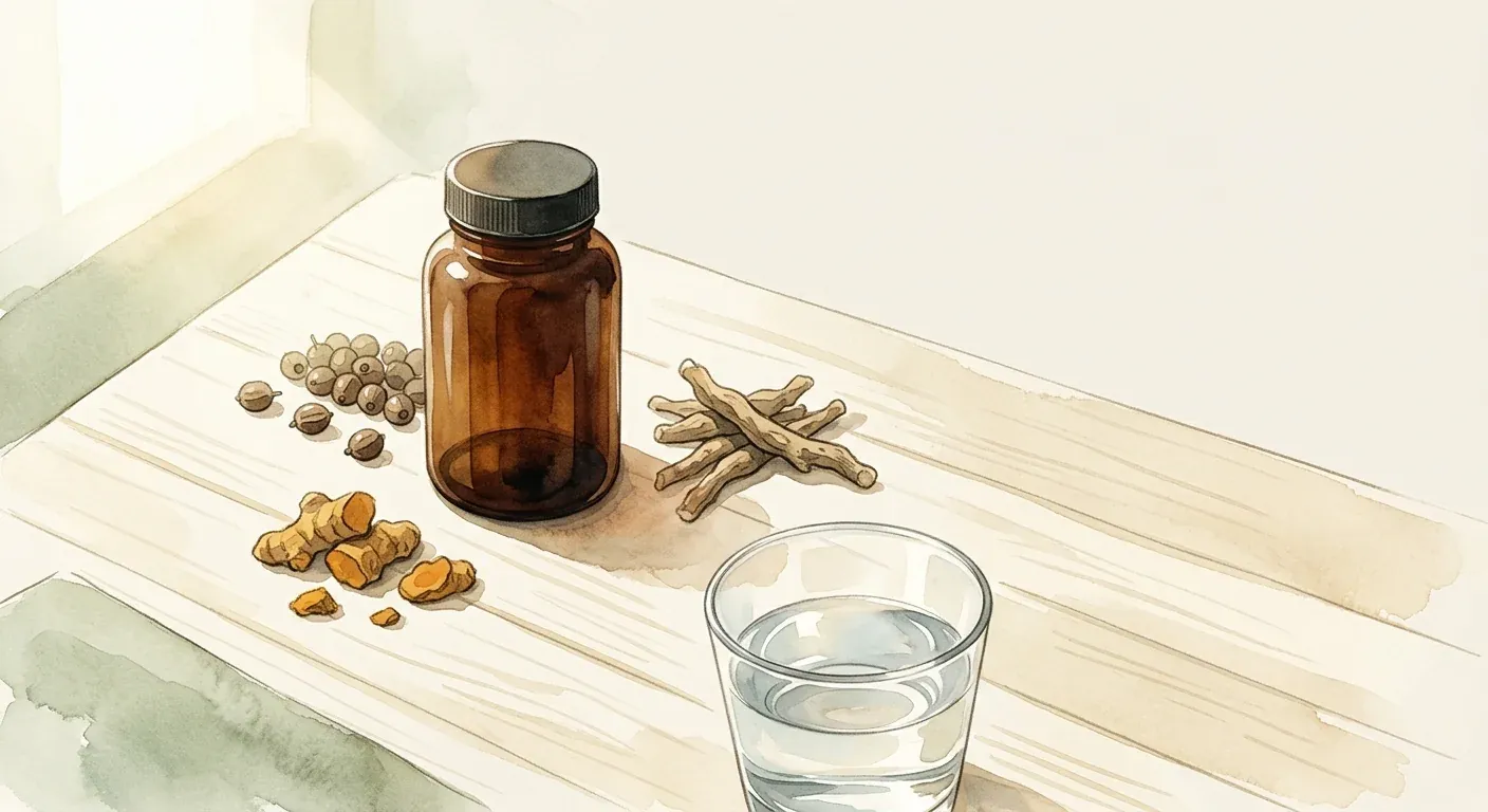 A soft watercolour still life on a pale wooden surface — a generic dark amber supplement bottle without labels, alongside scattered loose botanical herbs and a clear glass of water in morning light — the everyday object the marketing is built around