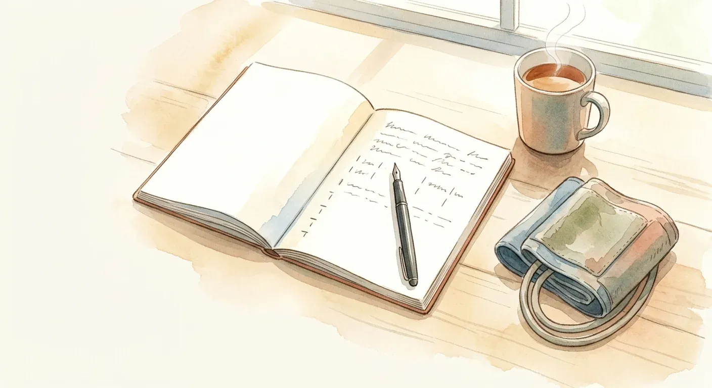 An open paper journal with handwritten daily blood-pressure entries, a fountain pen, and a coiled BP cuff on a calm morning desk — self-monitoring during LDOM titration