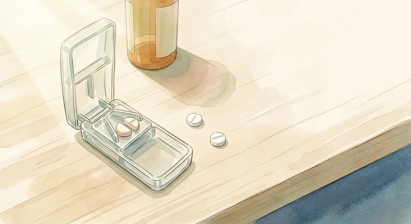 A small pill cutter on a wooden tabletop with a half-tablet inside and two intact tablets resting beside it, in soft morning light — splitting commercial 2.5 mg tablets is how clinicians reach 0.625 or 1.25 mg doses