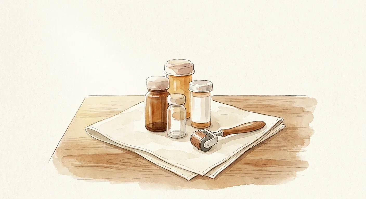 Three small amber and clear prescription bottles of varying heights clustered on a cream linen cloth with a wooden-handled dermaroller beside them — the modern AGA stack visualized