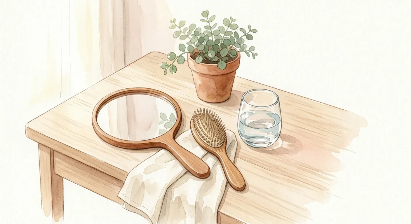 A soft watercolor still life on a dressing table — a hand mirror, a hairbrush, a glass of water and a small leafy plant in calm morning light — the quiet reality of managing a hormonal condition