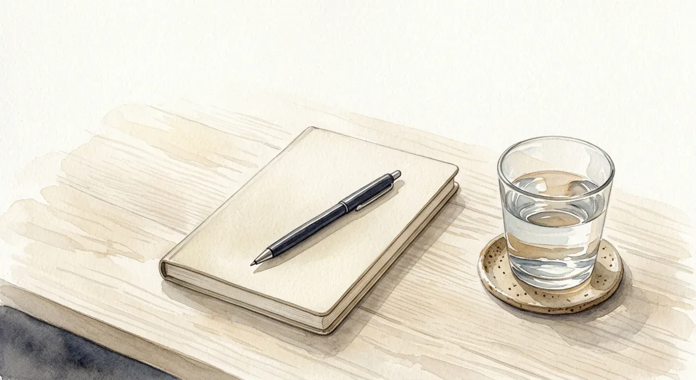 A quiet watercolour still life — a closed notebook with a pen resting on top beside a glass of water on a pale wooden surface in soft neutral light — the setting of carefully writing down symptoms and dates