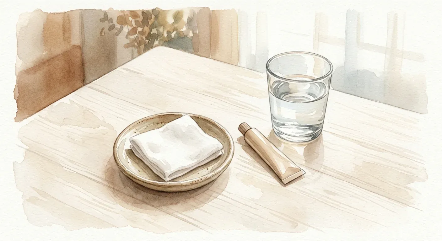 A small ceramic dish with a folded cotton pad, a tube of soothing balm and a glass of water — the kind of restrained post-session care that doesn't add new irritants