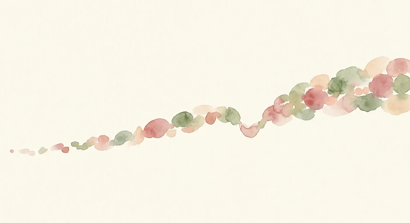 An abstract watercolour timeline on cream paper — a gently rising curve of soft brush marks representing increasing hair fullness across pregnancy, with a small dip early on representing an atypical mid-pregnancy shed, in warm rose and sage tones