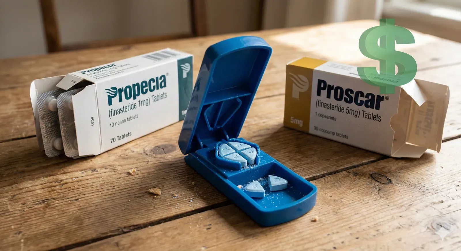 Propecia 1 mg vs Proscar 5 mg finasteride tablets — Proscar is often cut into quarters as a cost-effective way to achieve the 1.25 mg hair-loss dose