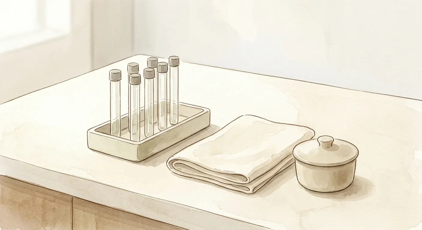 Small blood-collection tubes on a clinic tray in soft light — platelet-rich plasma is prepared from a patient's own drawn blood