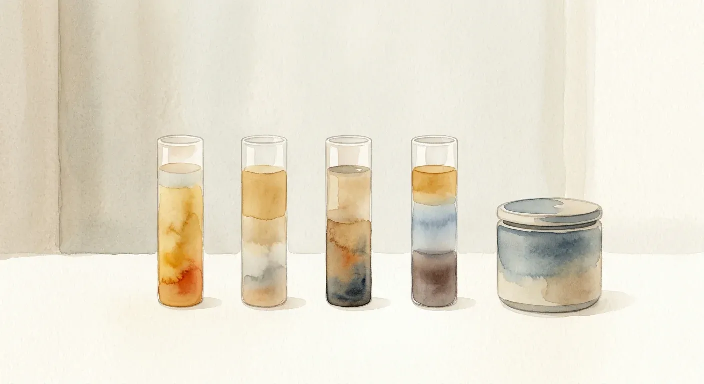 An abstract watercolor still life of clinic tubes with gently separated layers and a small centrifuge canister — the blood-draw, spin, and extract steps of preparing platelet-rich plasma