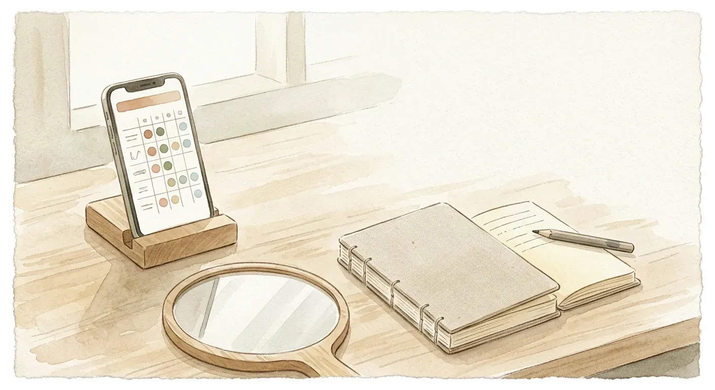 A simple desk setup for tracking hair-loss progress — a smartphone on a small stand, a hand mirror, and a notebook for dated photos