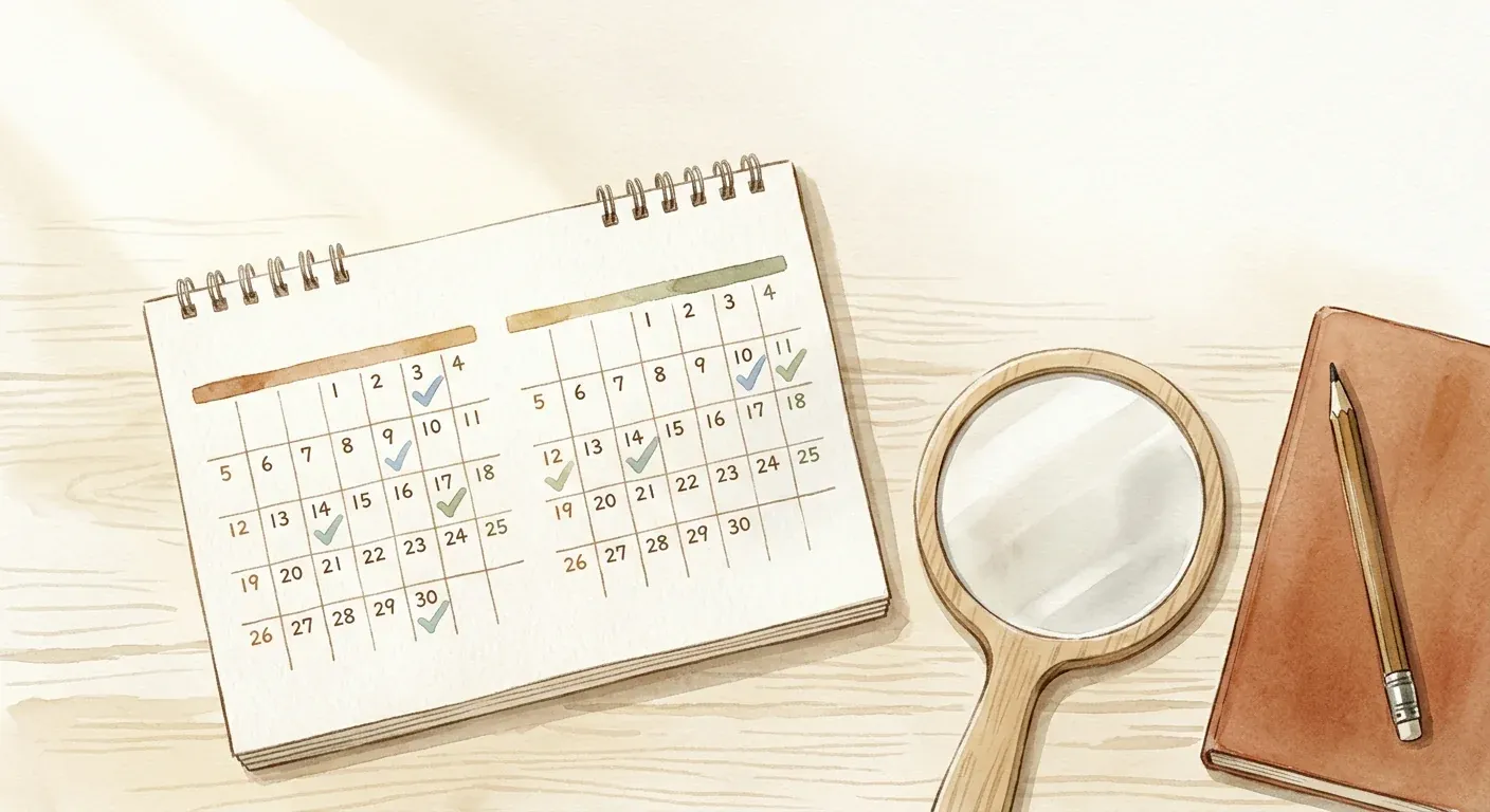 A wall calendar, a hand mirror, and a small notebook on a calm surface — microneedling results follow the hair cycle, not the user's impatience