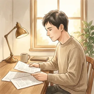 Editorial watercolor portrait of RK — a researcher in his thirties reading dermatology papers at a sunlit desk.