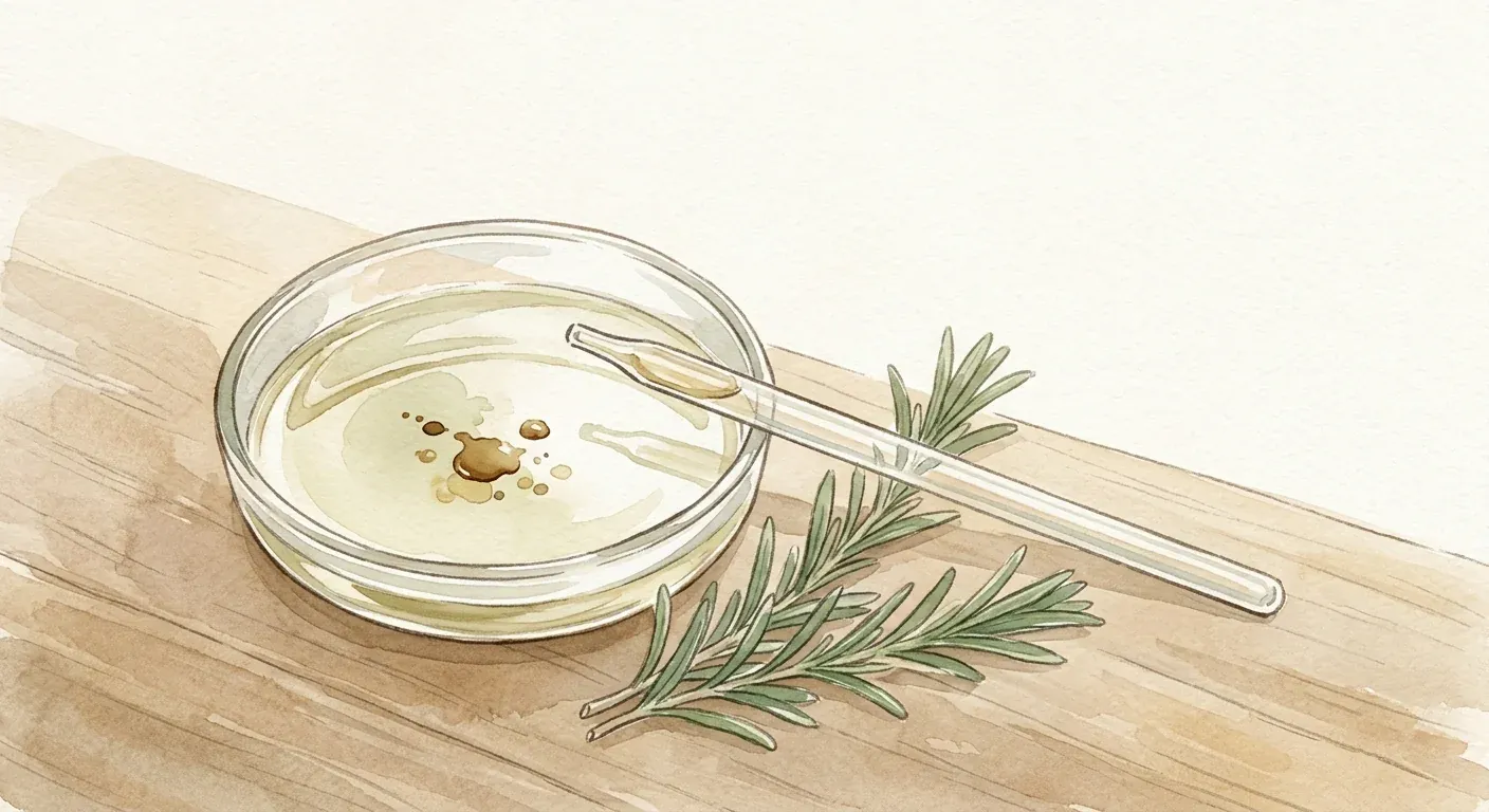 A small glass dish with a few drops of rosemary essential oil being mixed into a pool of carrier oil, fresh rosemary sprigs alongside — rosemary essential oil must always be diluted before scalp use