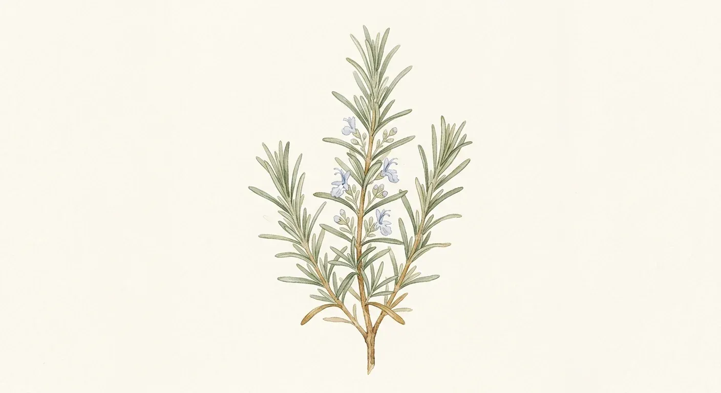 A botanical watercolor study of a fresh rosemary plant with needle-like leaves and small pale flowers — Rosmarinus officinalis, the source of the oil studied for hair growth