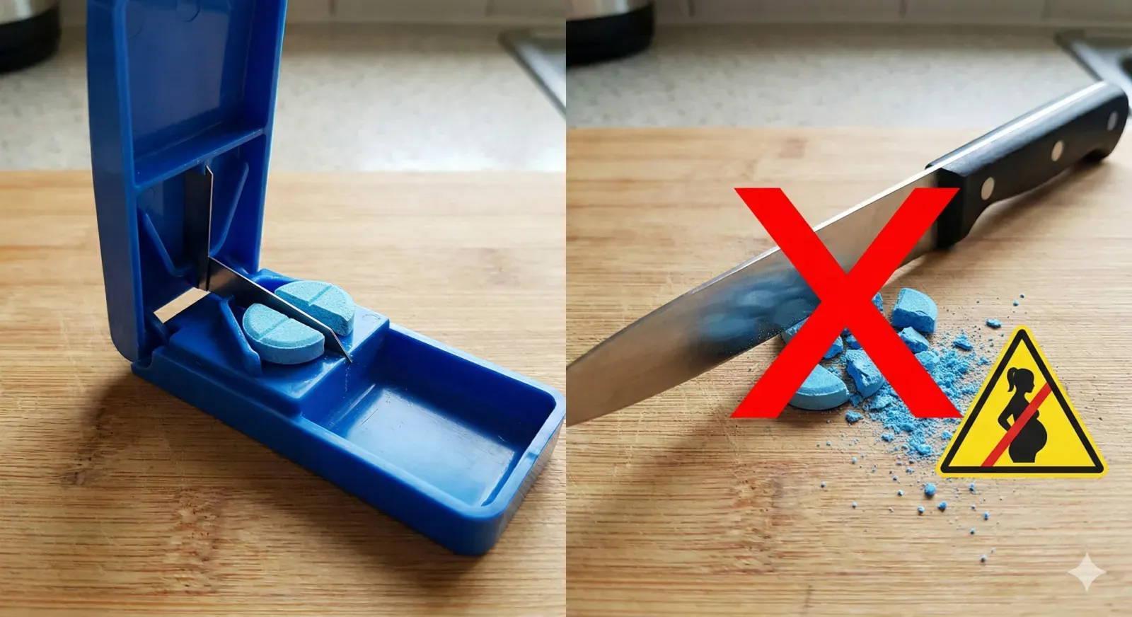 Safe pill splitting using a dedicated pill cutter (left) vs unsafe knife cutting (right) — uneven splits cause inconsistent dosing, a real issue when subdividing finasteride tablets