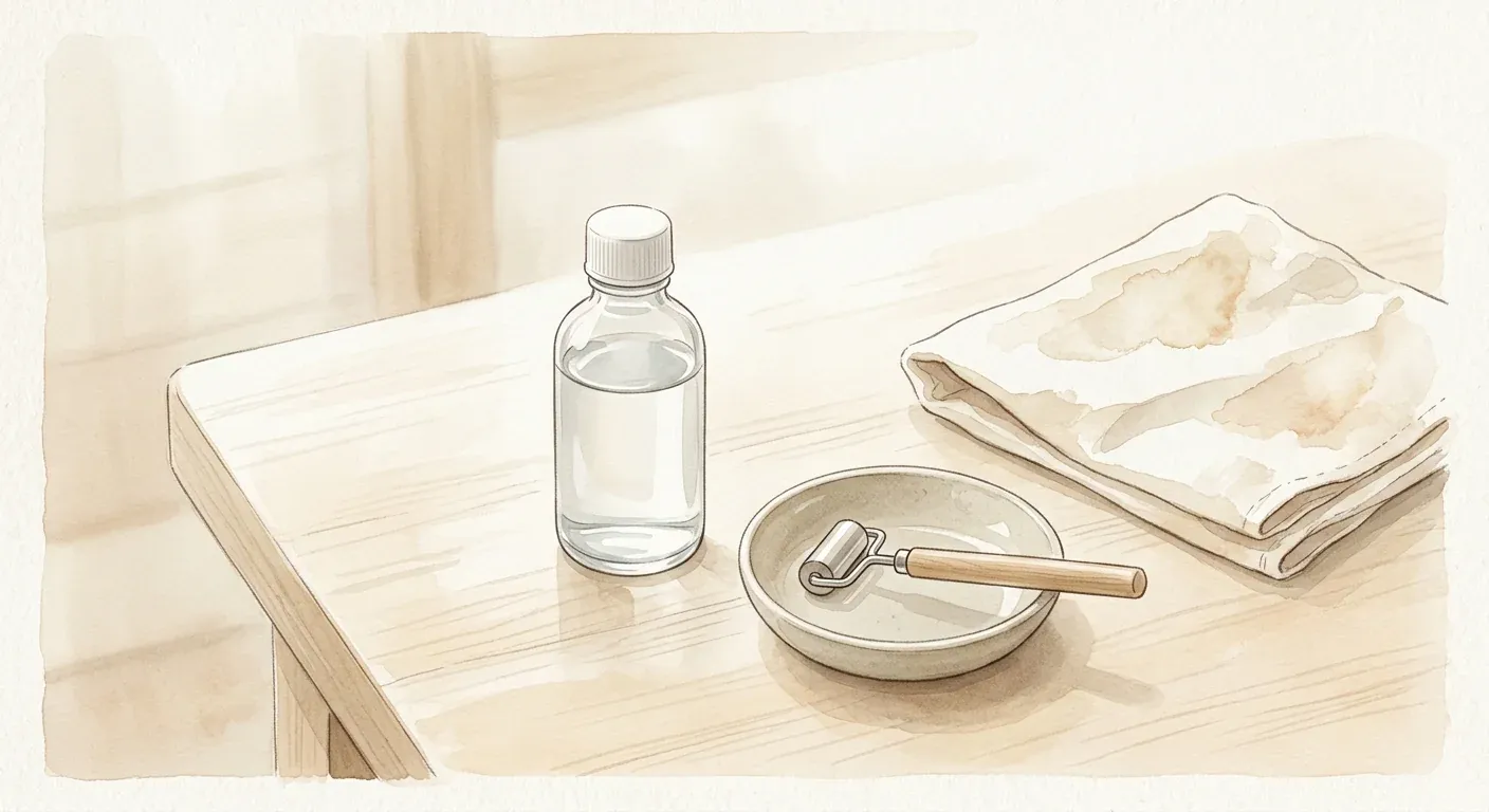 A small bottle of 70% isopropyl alcohol, a derma roller in a clean tray, a folded cloth and a glass jar on a pale surface — the sterilization corner is the load-bearing safety step