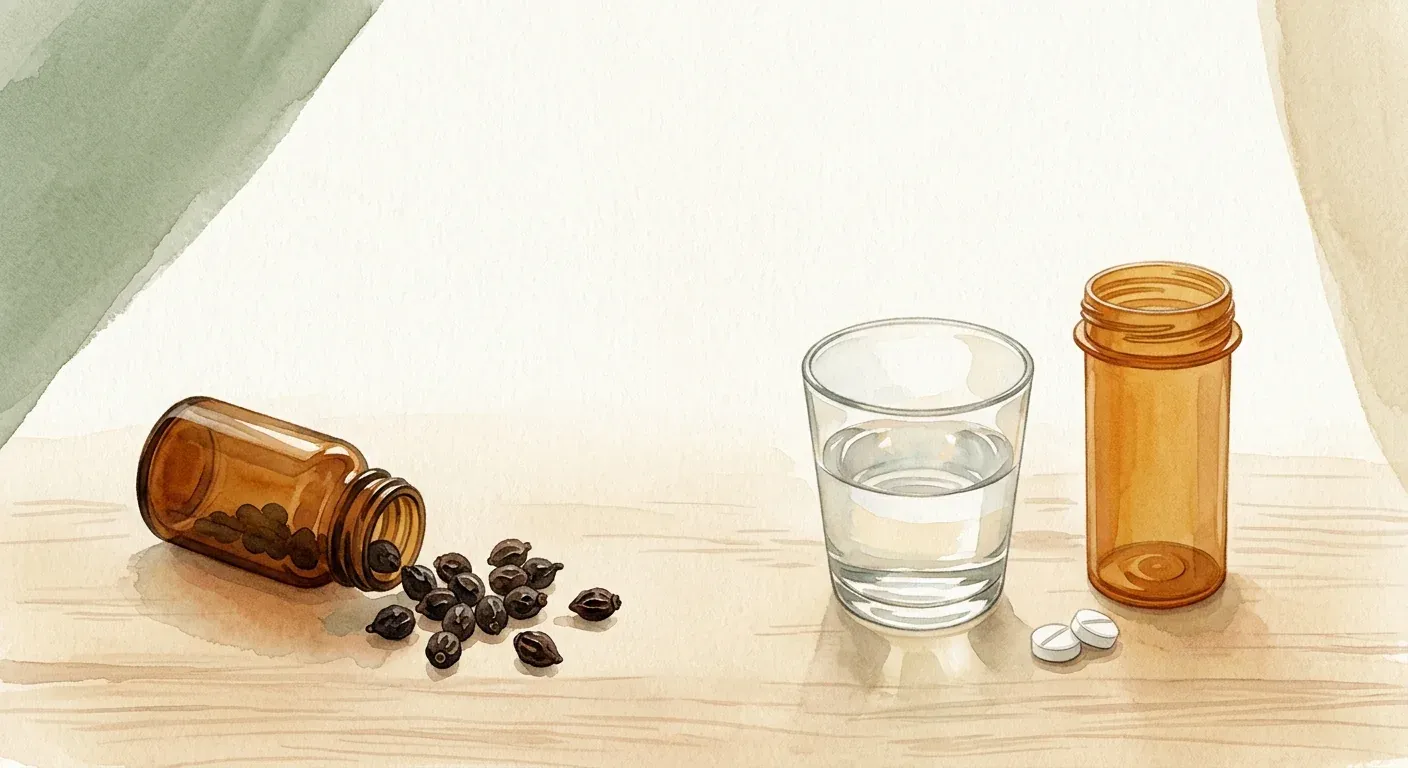 A soft watercolour still life on a pale wooden surface — on one side a small amber bottle with dried saw palmetto berries, on the other an unbranded prescription bottle with white tablets, a glass of water between them, in calm morning light