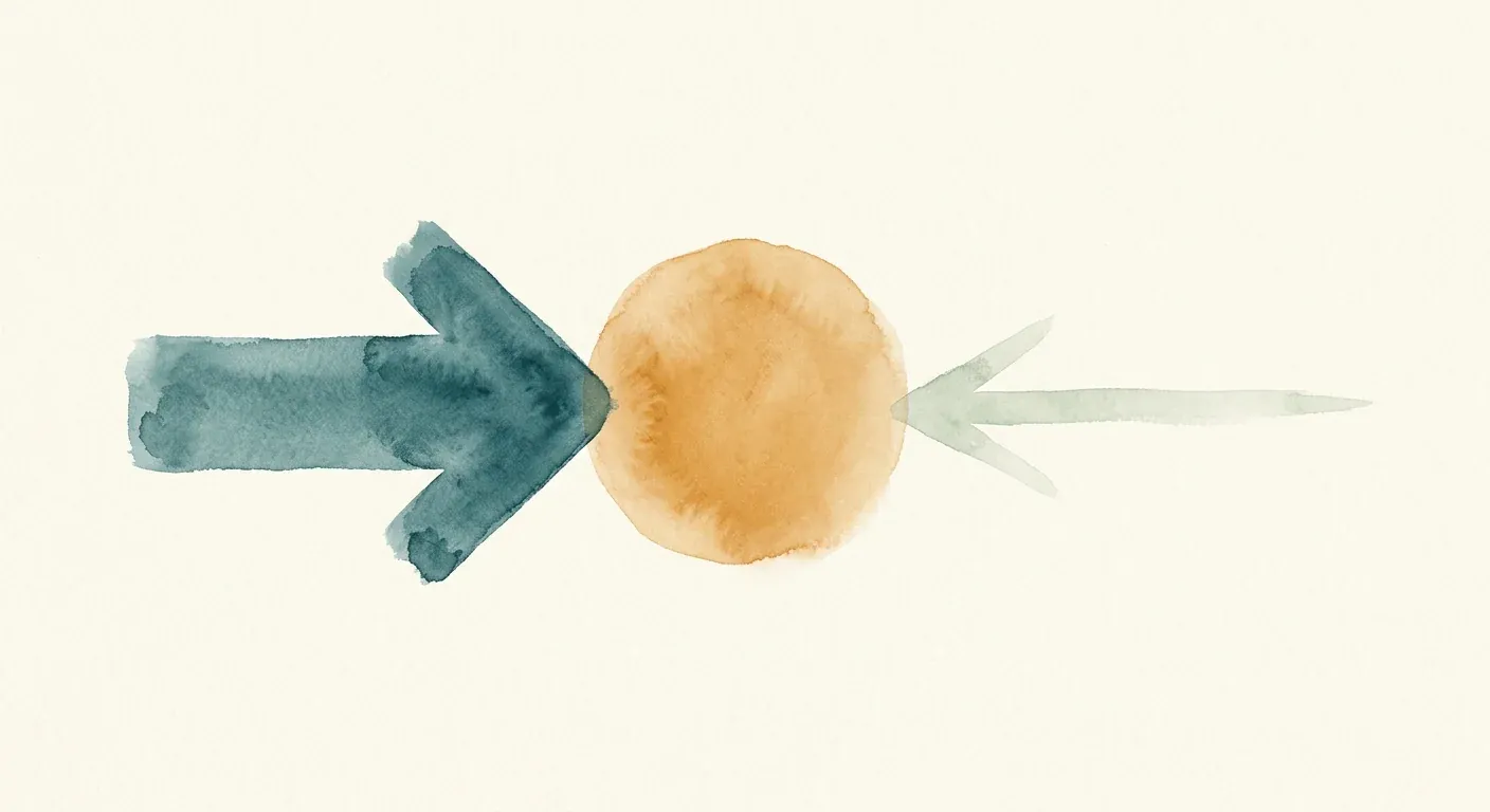 An abstract watercolour composition on cream paper — two arrows of different weights aimed at the same central soft shape, one thick and saturated, one thin and pale, suggesting two different strengths of action on a single target, in muted teal and warm amber tones